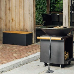 Banc Acier Laqué Noir Et Bois De Teck - Ofyr -Weber Magasin banc noir teck 2020000022336 2