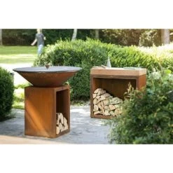 Billot Corten Et Bois De Teck 90 Cm - Ofyr -Weber Magasin ofyr billot range bois 90 cm 7430440799784 2